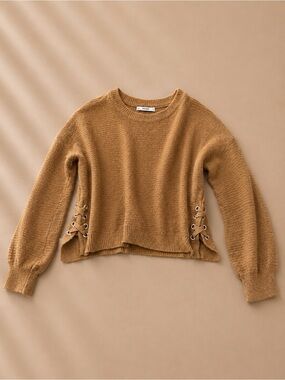 SO Lace-Up Crewneck Sweater in Camel Brown